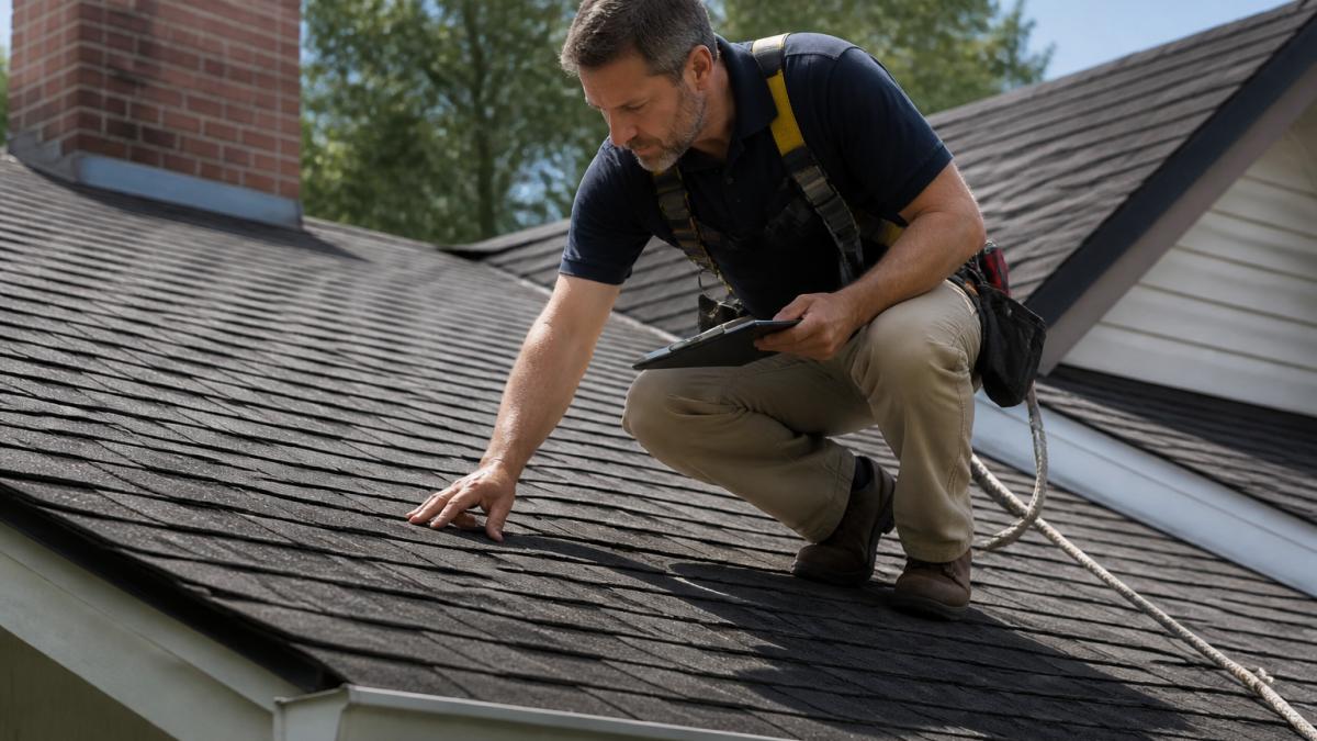 Professional inspector on residential roof examining shingles, flashing, and gutters with safety harness and inspection tools in natural daylight