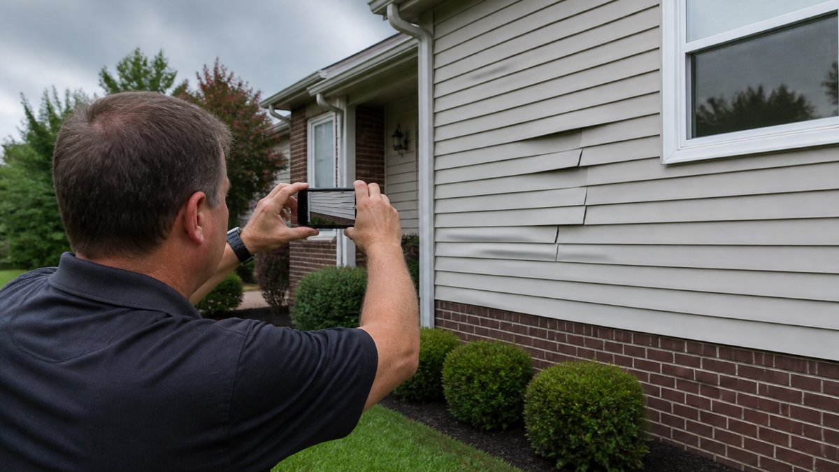 A homeowner standing on a front lawn photographing damaged vinyl siding on a house with a smartphone, visible dents and cracks on the siding panels, overcast sky suggesting recent storm