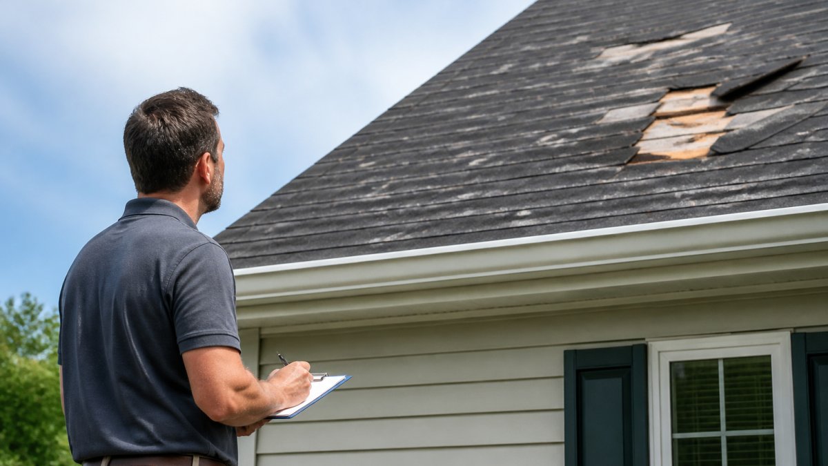 Professional inspector standing on ground examining roof damage with visible shingles missing and hail impact marks visible on roof surface in daylight